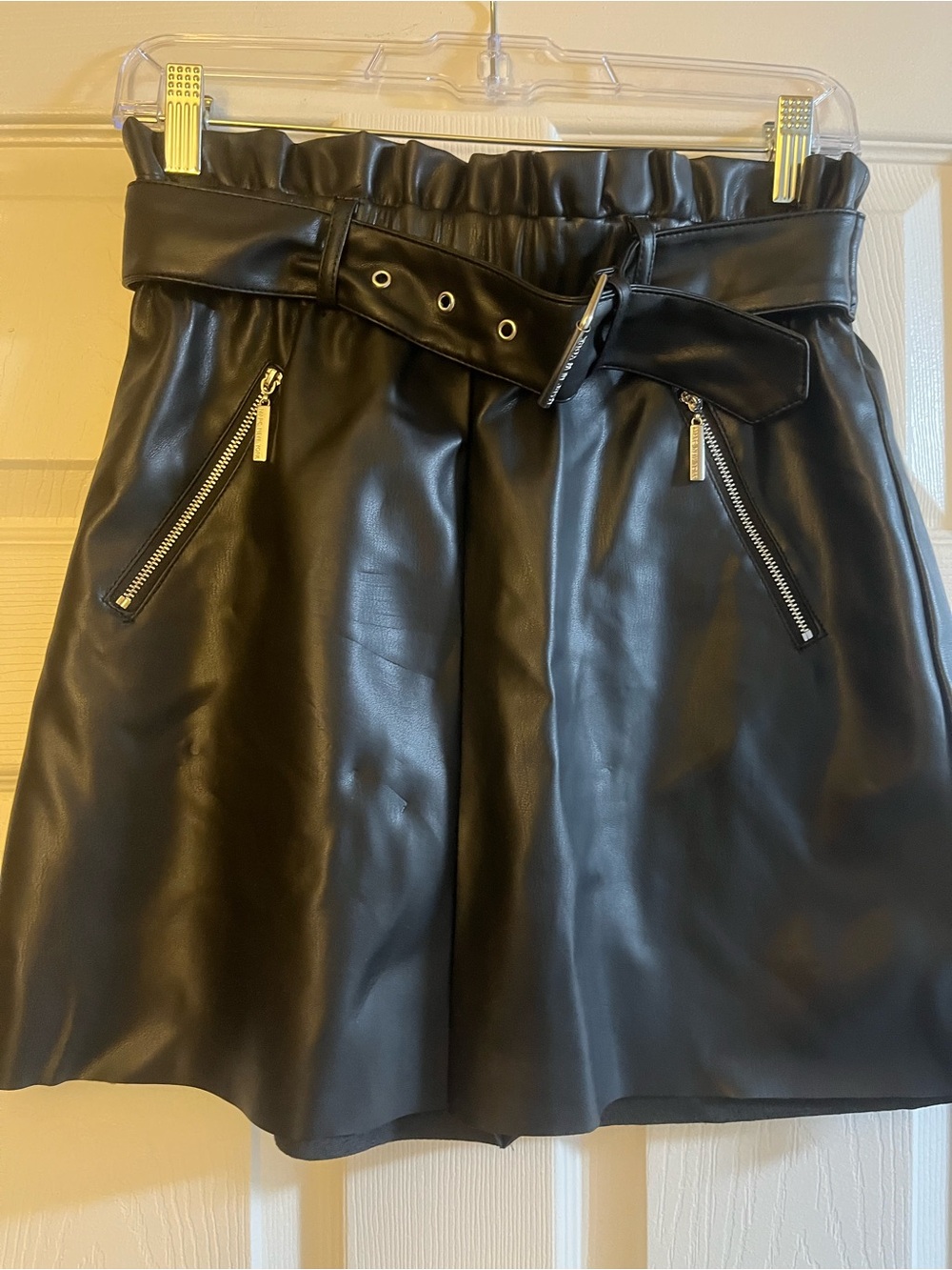 Andrew Marc Black Faux Leather Paperbag Belted A-Line Skirt